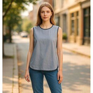 S Max Mara Blue Chambray Style Sleeveless Top Blouse Size 8 Contrast Trim Snaps